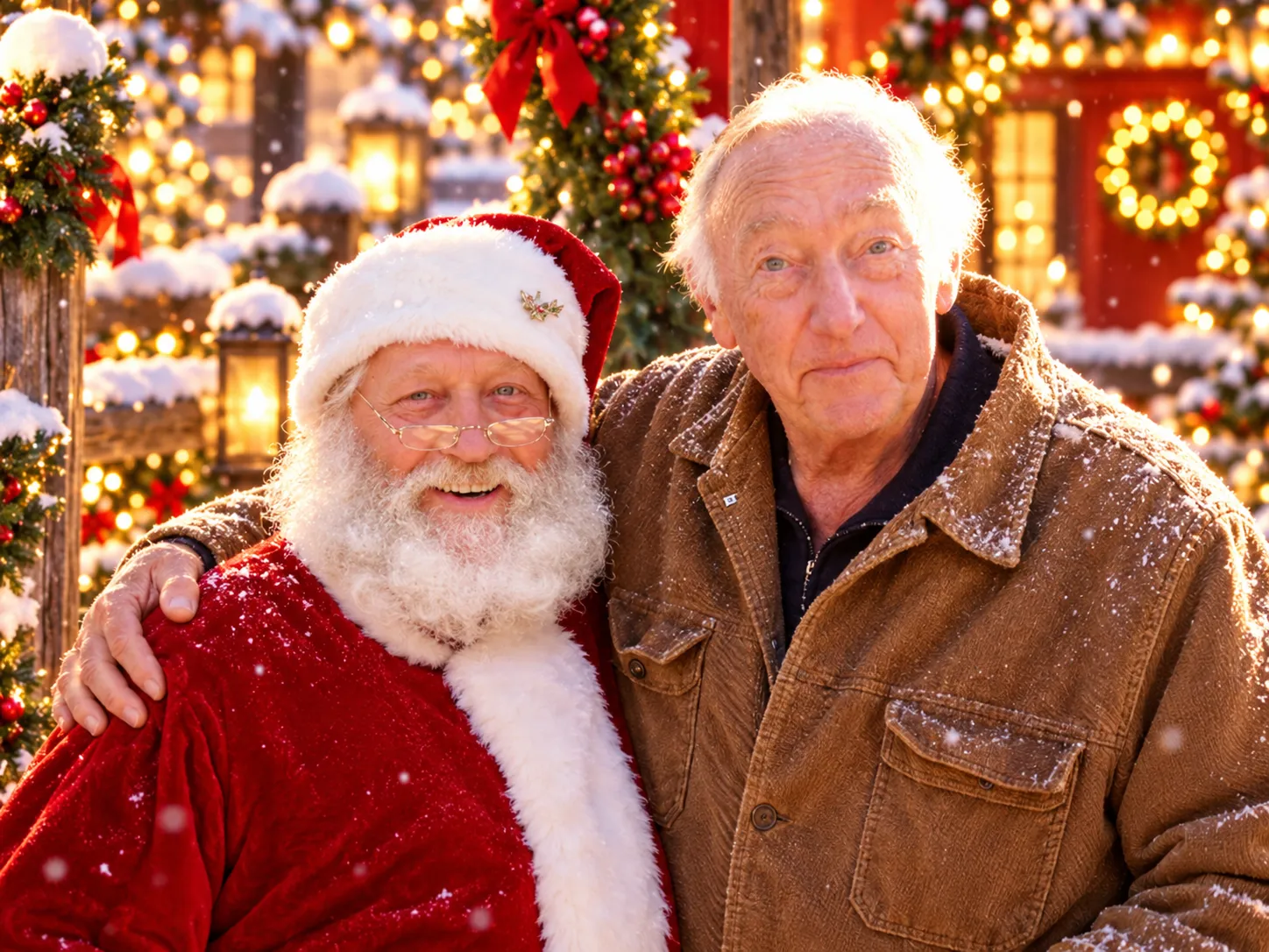 Santa Claus posing warmly arm-in-arm with Tree Town Wonderland owner Kent Smith in the snow