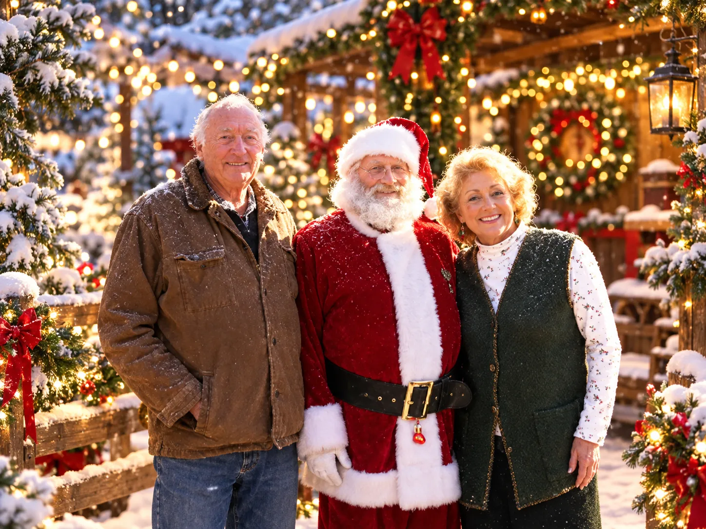 Family visiting Santa Claus in front of the illuminated Tree Town gazebo and decorated trees