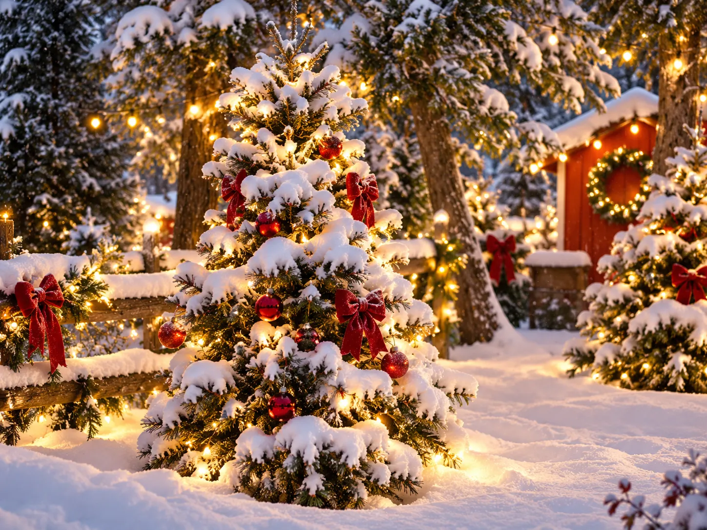 Snowy Christmas tree with red bows and glowing warm lights in the snow