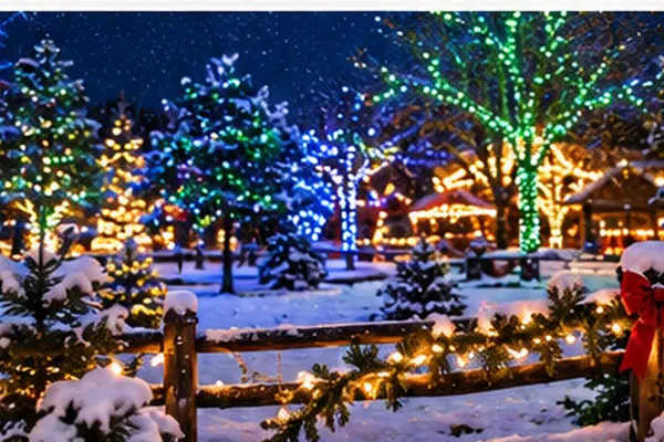 Festive wooden fence and pine trees twinkling with vibrant blue, green, and golden lights in fresh snow