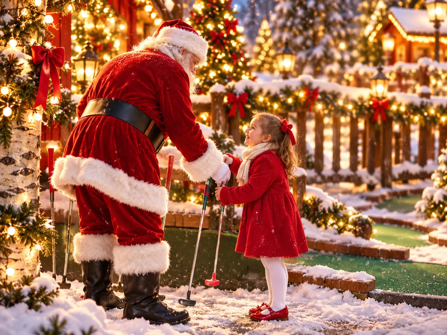 Santa Claus playing holiday mini golf with a young girl at Putter's Pride amidst snow and glowing lights