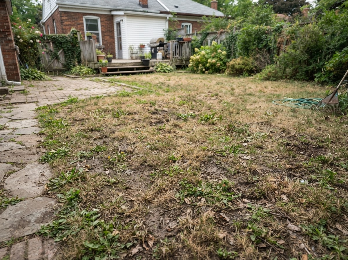 Lawn before care — patchy worn grass