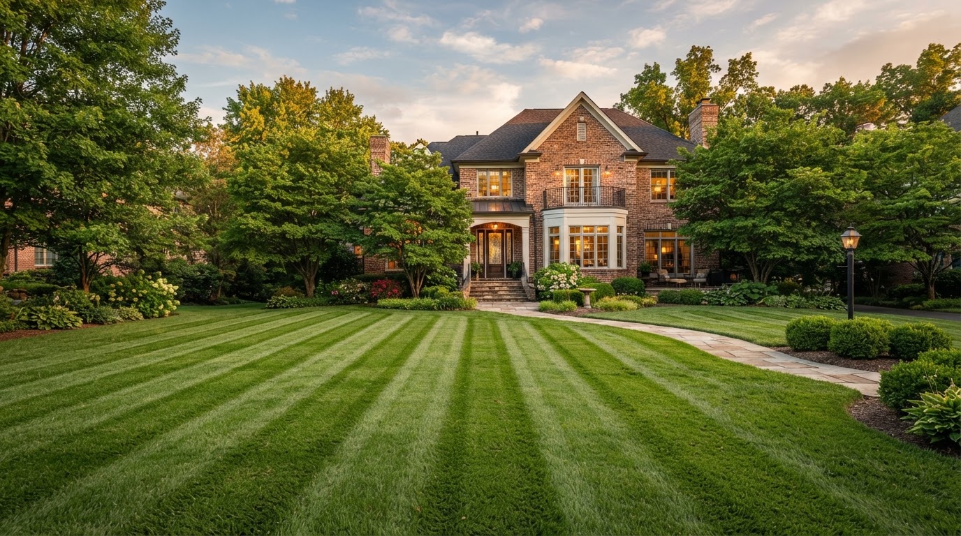 Freshly manicured residential lawn with precise mowing stripes in Northern Kentucky