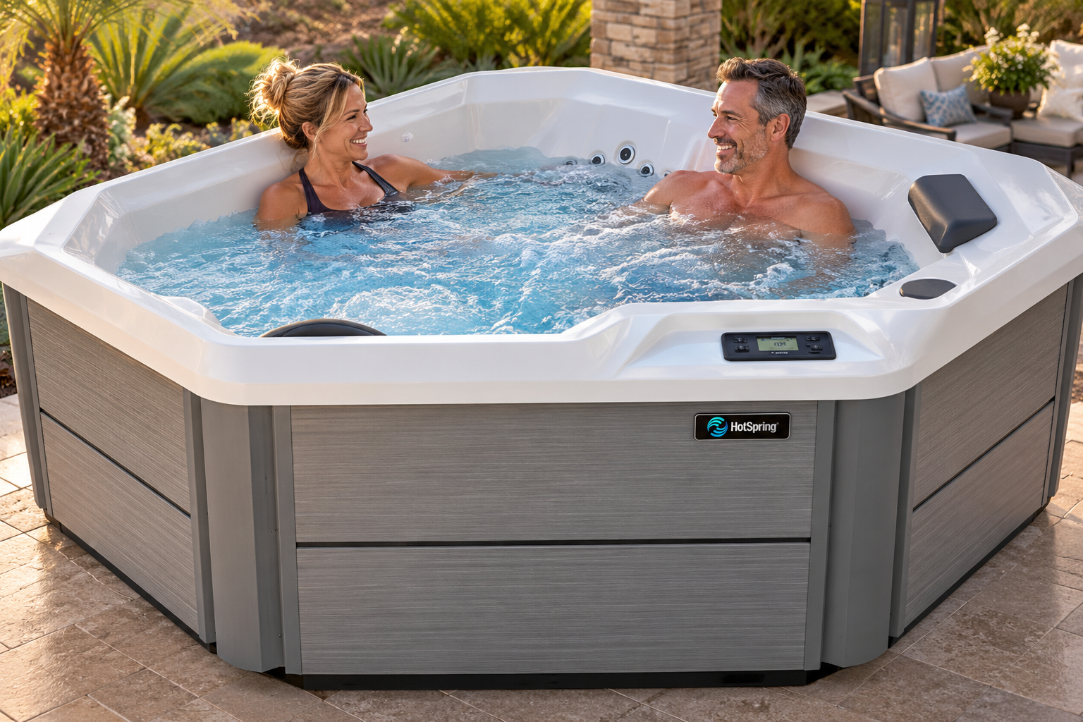 The hot tub raffle prize on a wooden deck