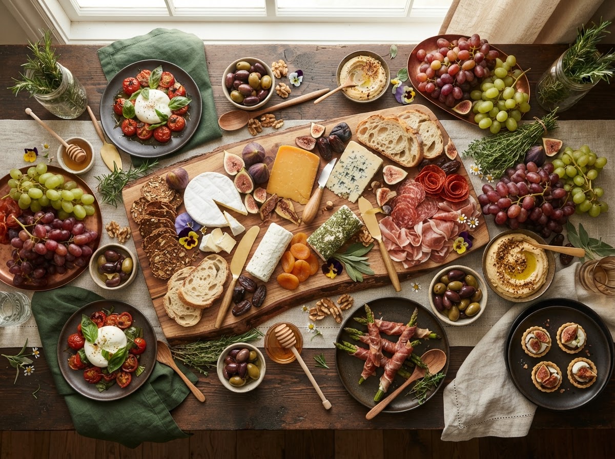 Overhead view of a catered grazing table with cheeses, charcuterie, figs, and bread on dark wood