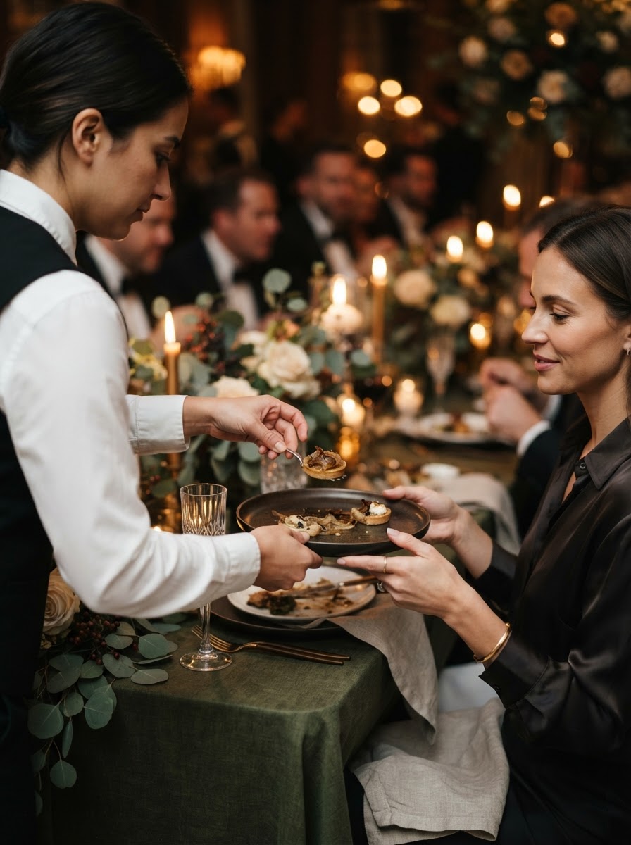 A caterer placing a passed hors d'oeuvre onto a guest's plate at a warm, candlelit event