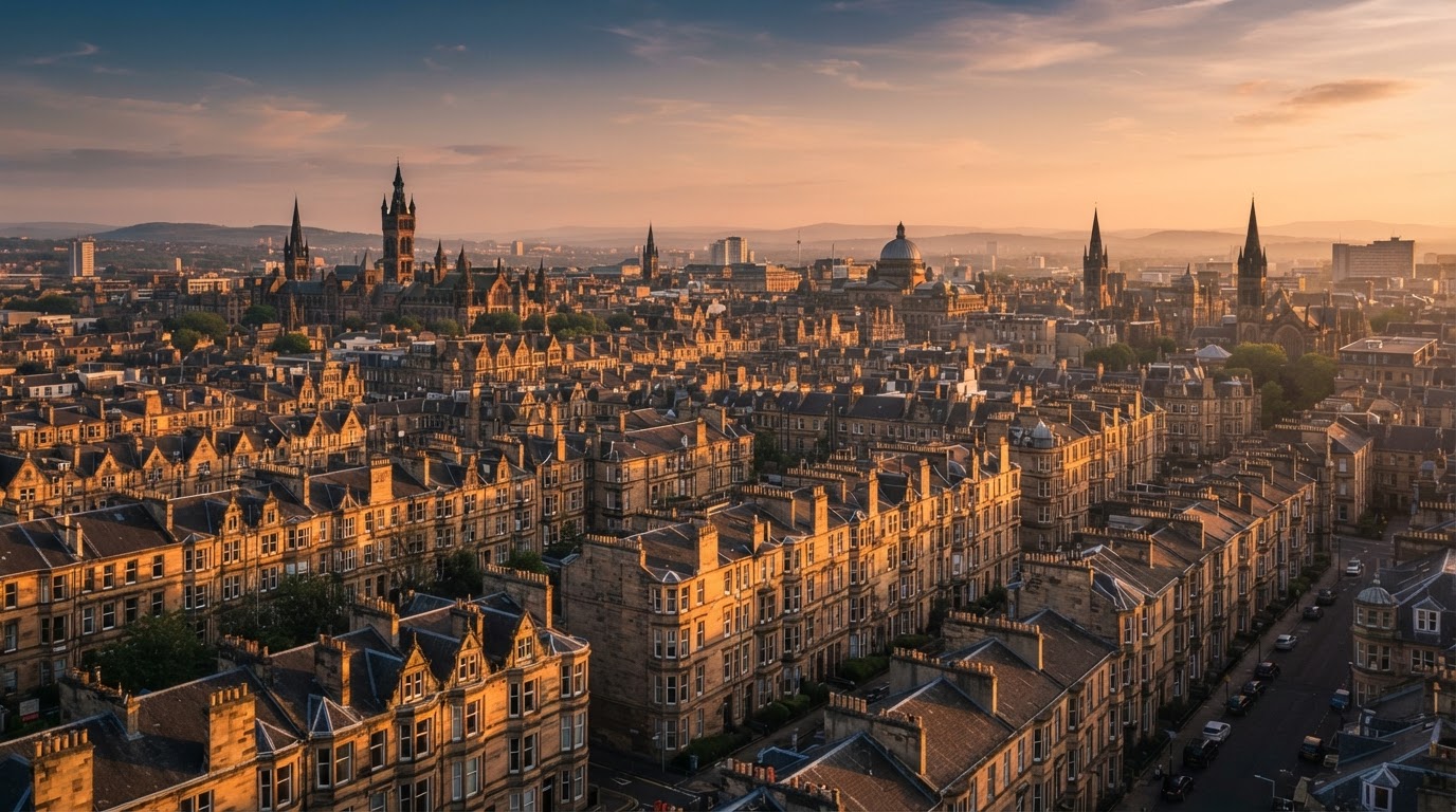 Modern Glasgow sandstone building at golden hour