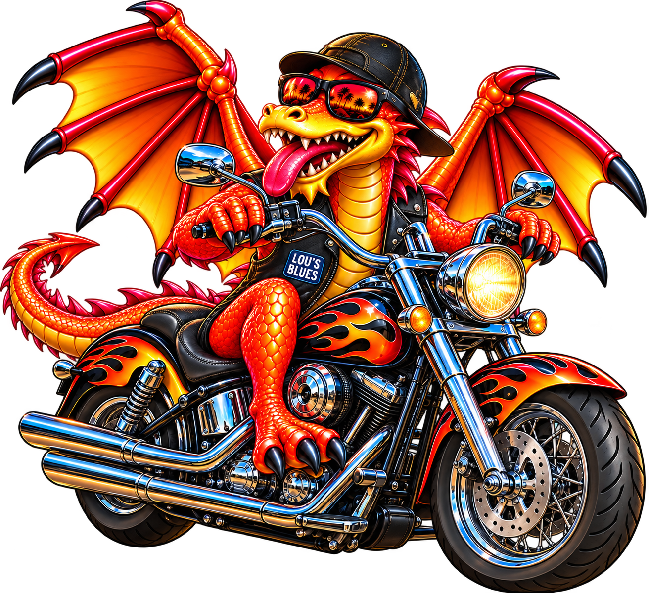 Lou's Blues Dragon riding a flaming chopper motorcycle on Highway A1A