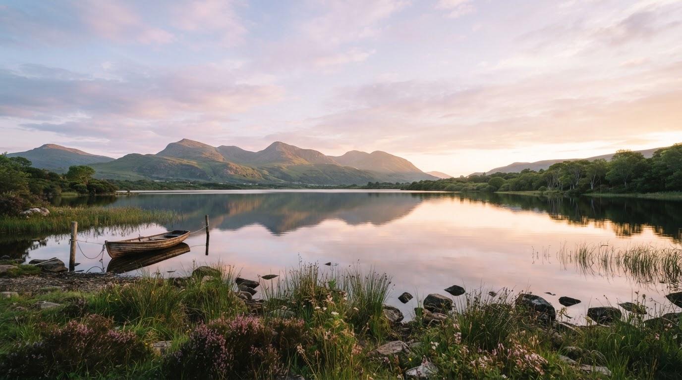 A serene Irish lakeside at golden hour with calm water and distant green mountains