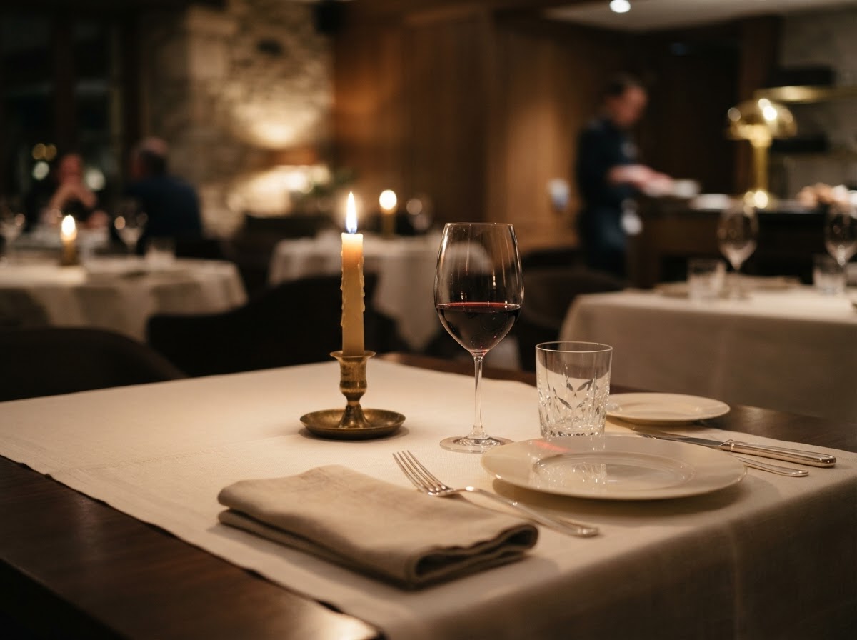 An elegant, understated restaurant table setting in warm candlelight