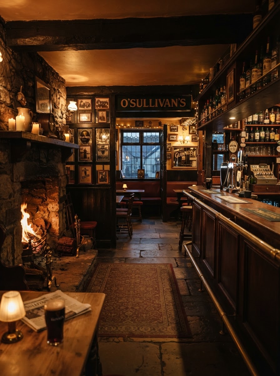 Atmospheric interior of a traditional Irish country pub with warm light