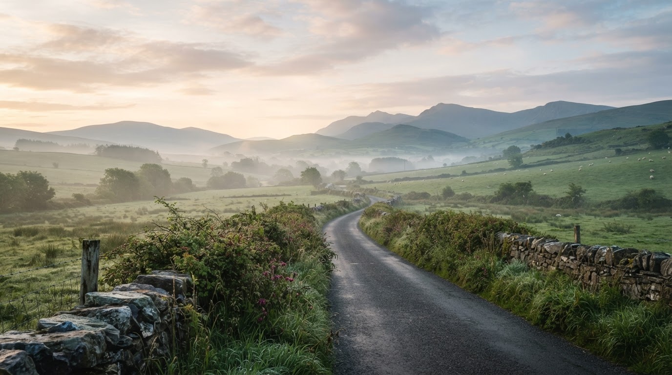 A quiet country road at dawn leading toward soft green Irish hills