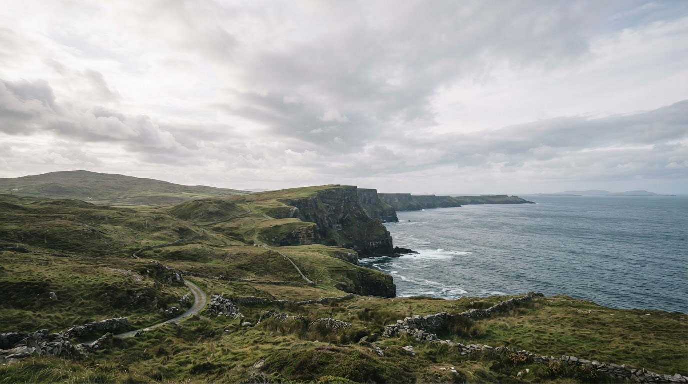 Windswept green Irish hills meeting the Atlantic under a soft sky