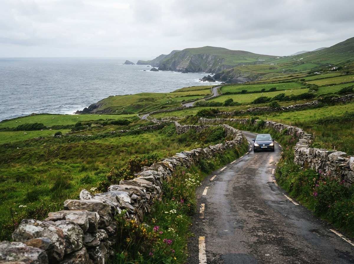 A winding coastal road along the Wild Atlantic Way through green Irish countryside