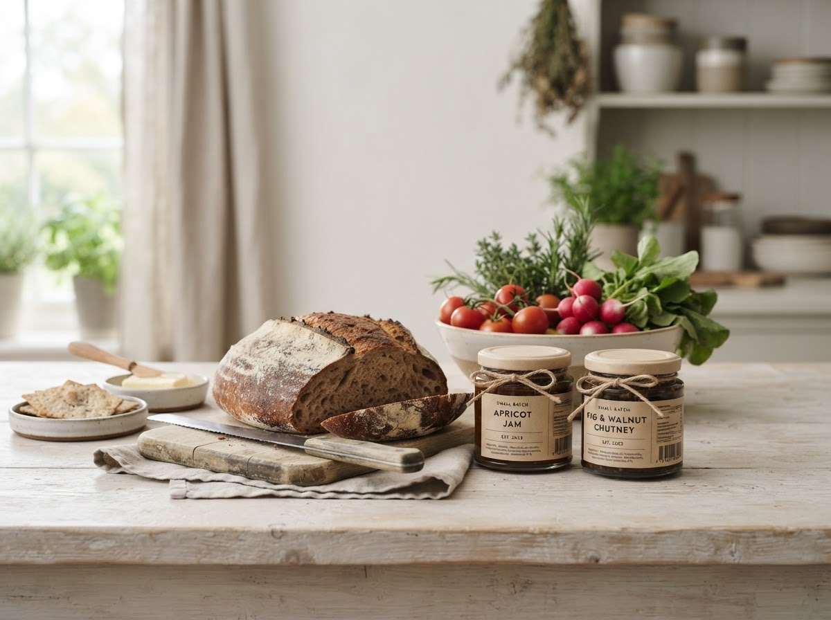 Artisan food products with simple kraft packaging and a nutrition label