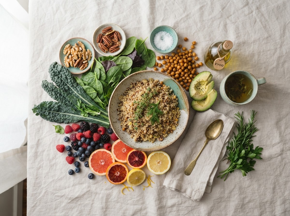 Fresh whole foods — leafy greens, berries, nuts and citrus arranged on soft linen
