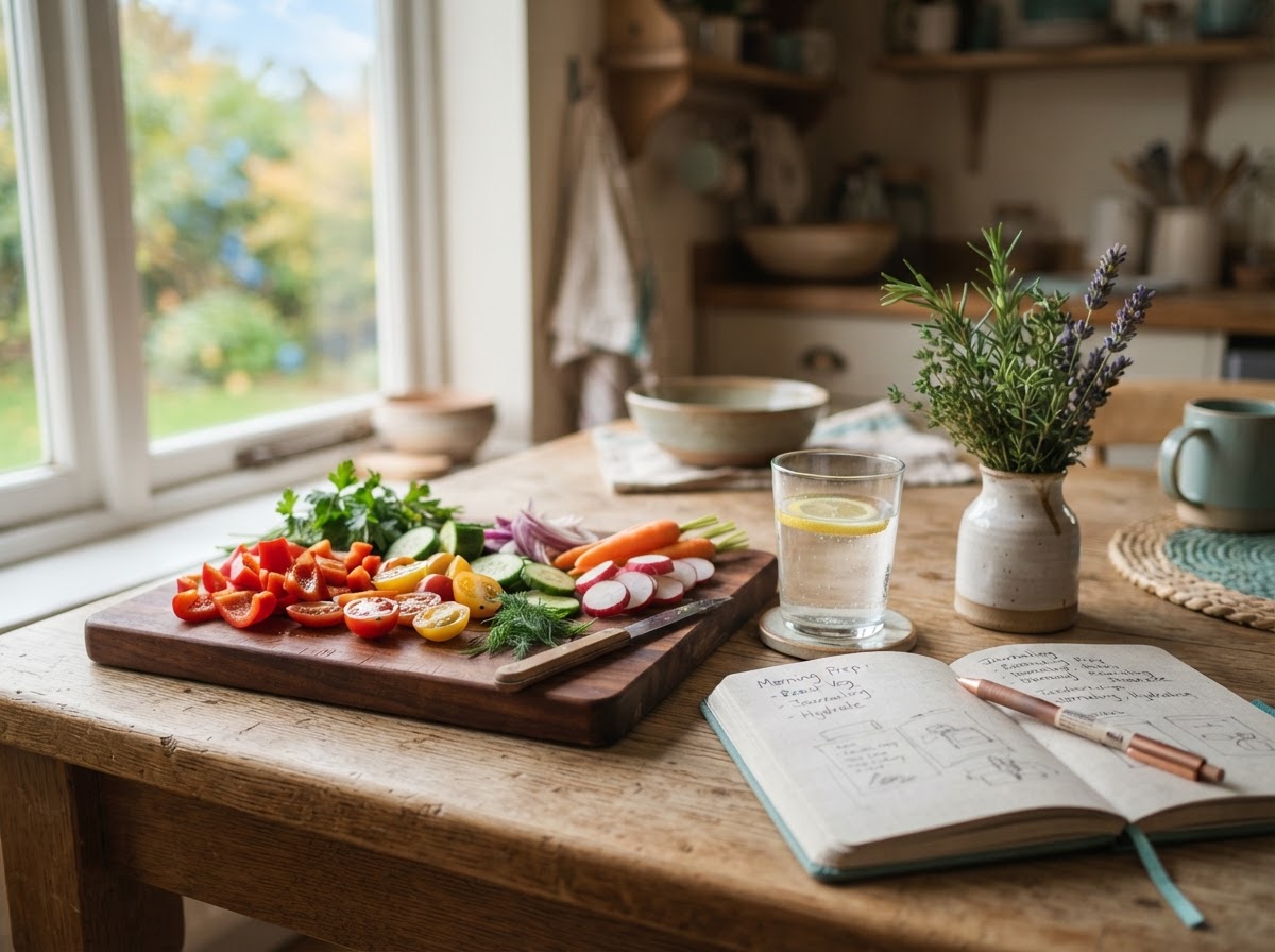 A sunlit kitchen table with fresh vegetables, water and a notebook