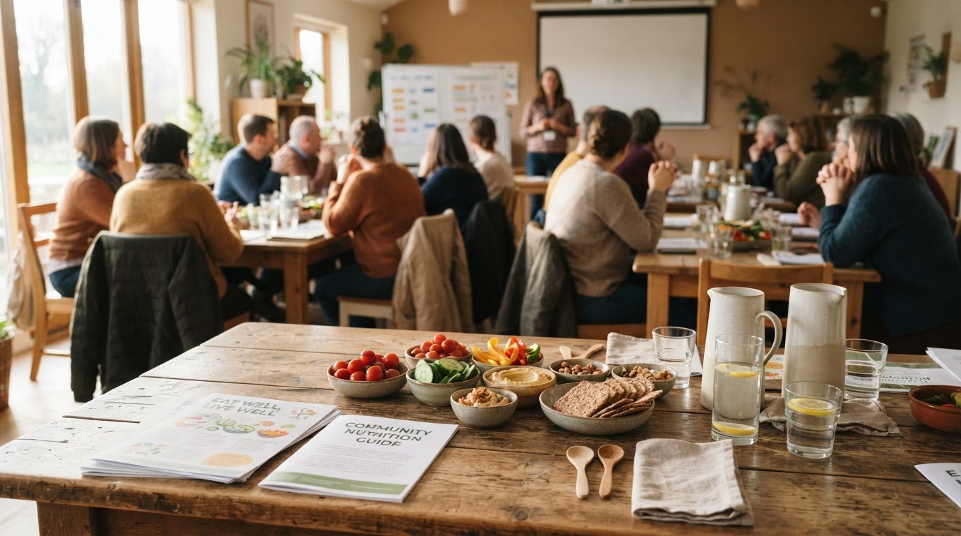 A bright community nutrition workshop with fresh food samples on the table