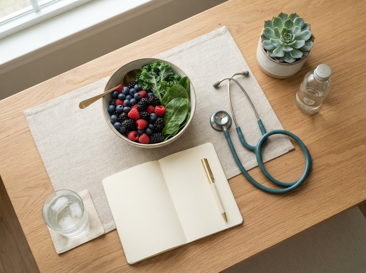 A calm dietitian's workspace with fresh berries, leafy greens, a notebook and a stethoscope