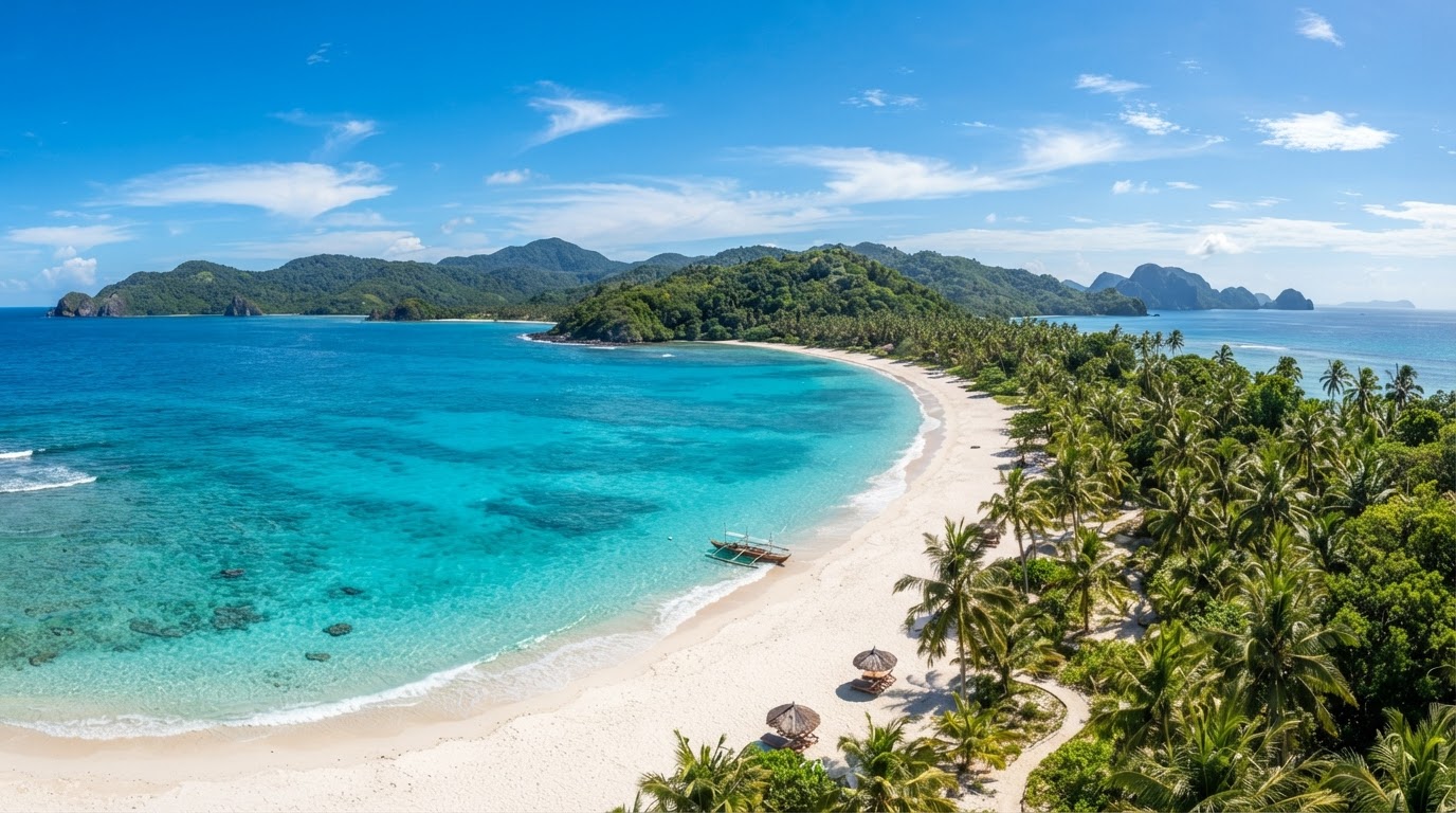 Panoramic view of a turquoise tropical coastline