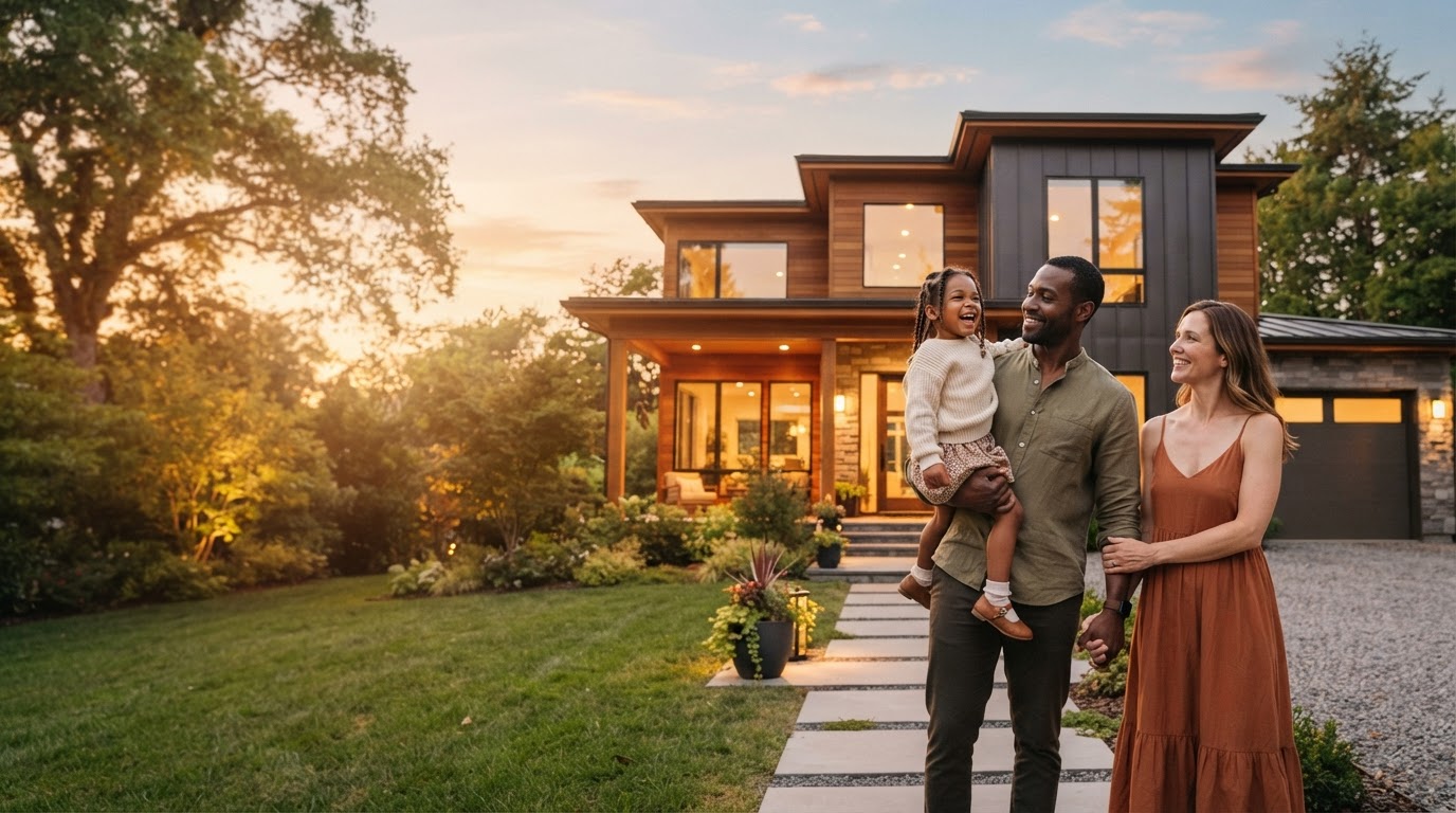 A family standing hopefully outside their new home at golden hour