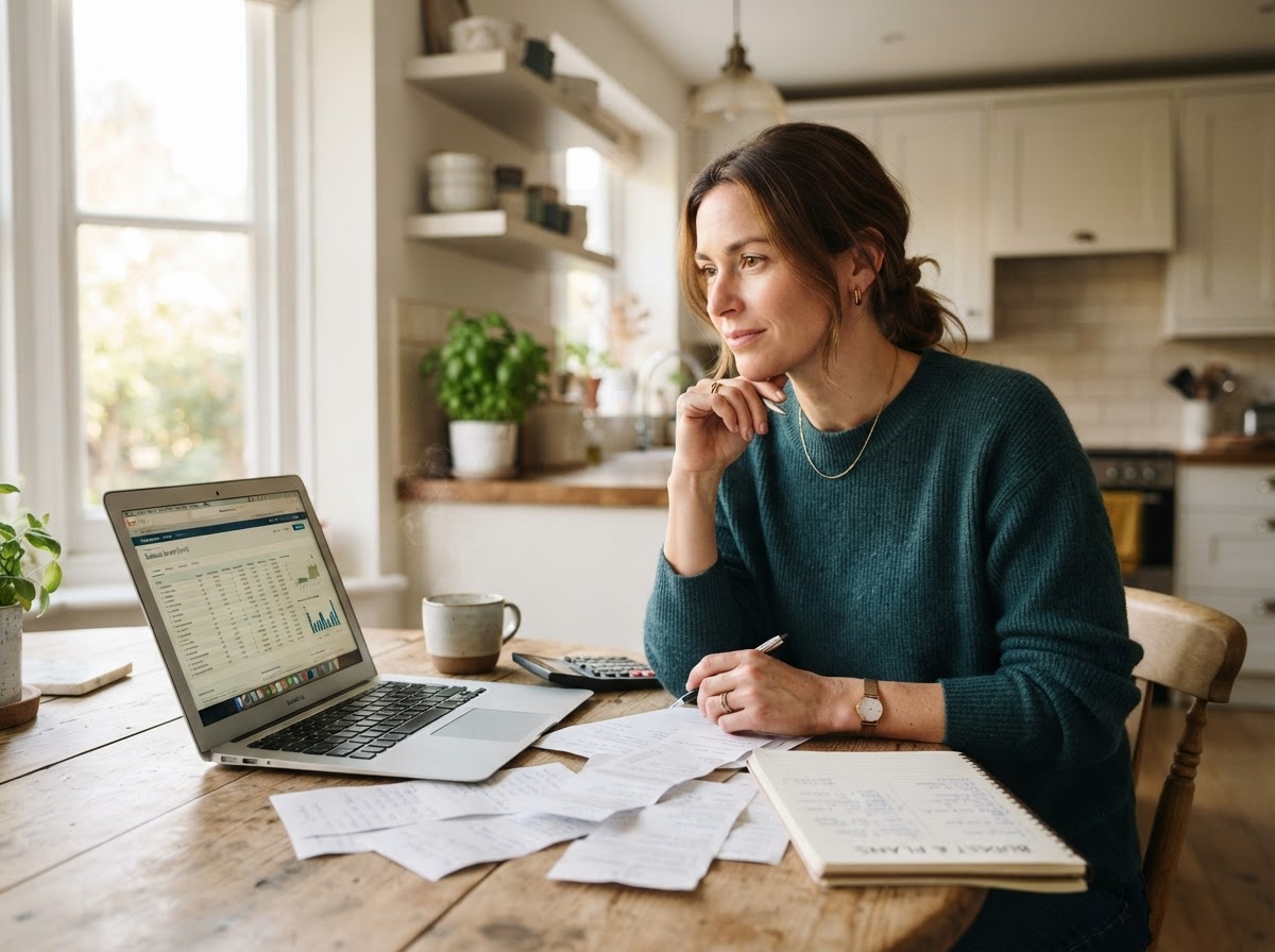A person thoughtfully reviewing their finances at a kitchen table