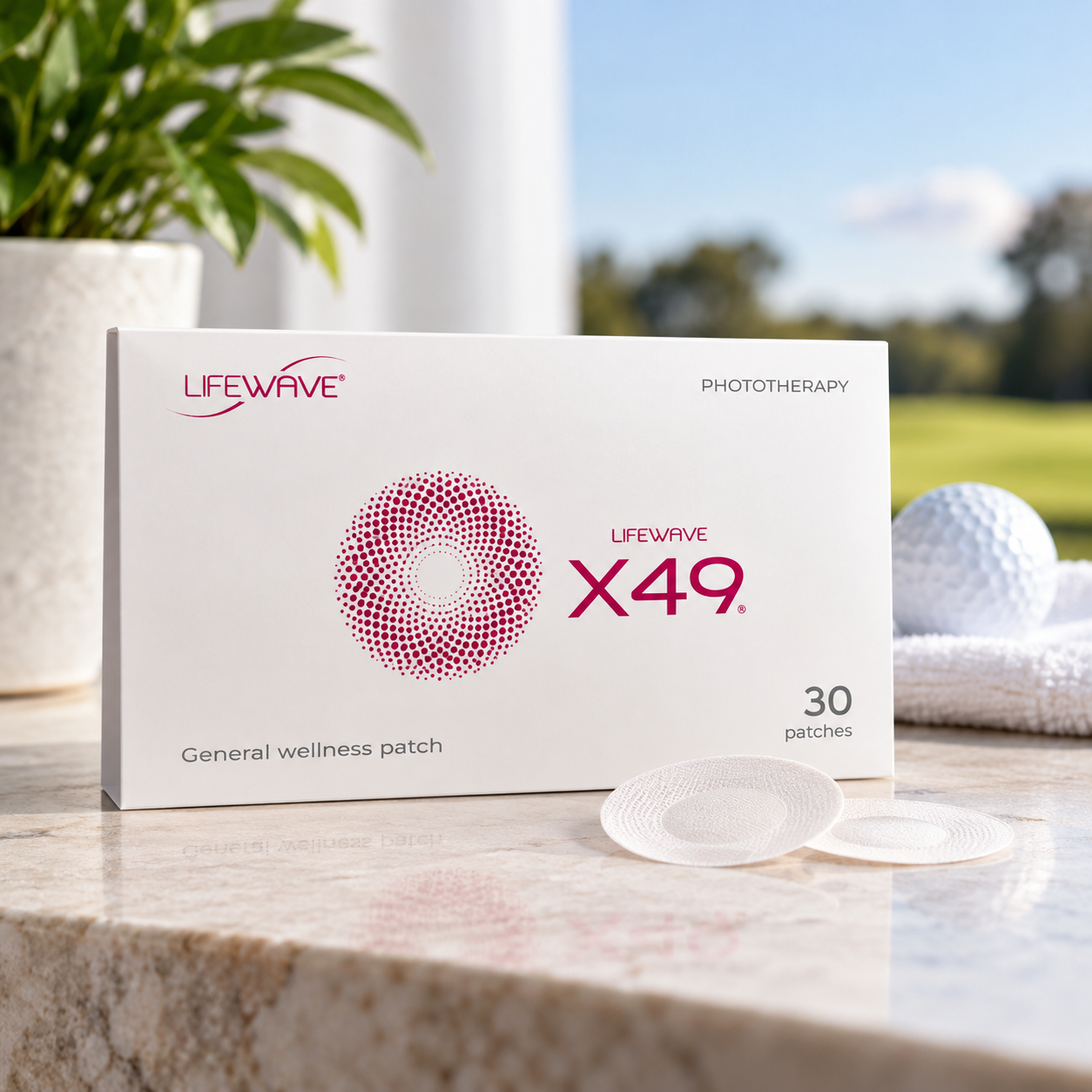 Official LifeWave X49 product packaging with phototherapy patches on a golf course setting