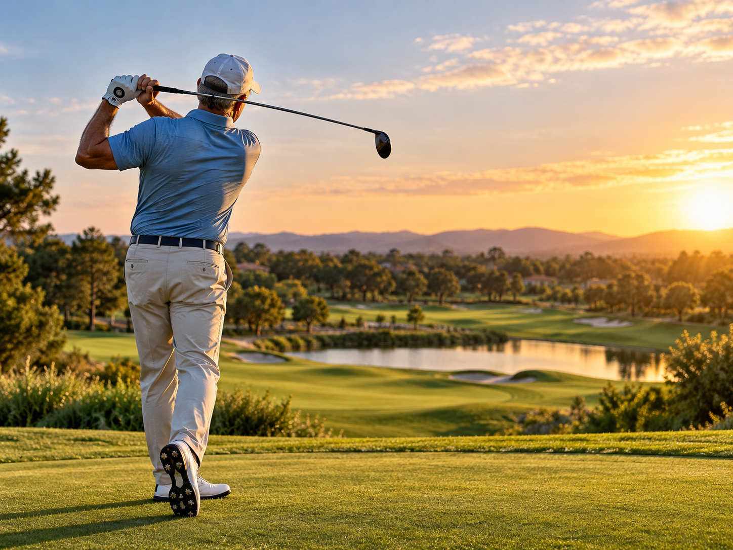 Mature recreational golfer completing full swing on a scenic course at sunset