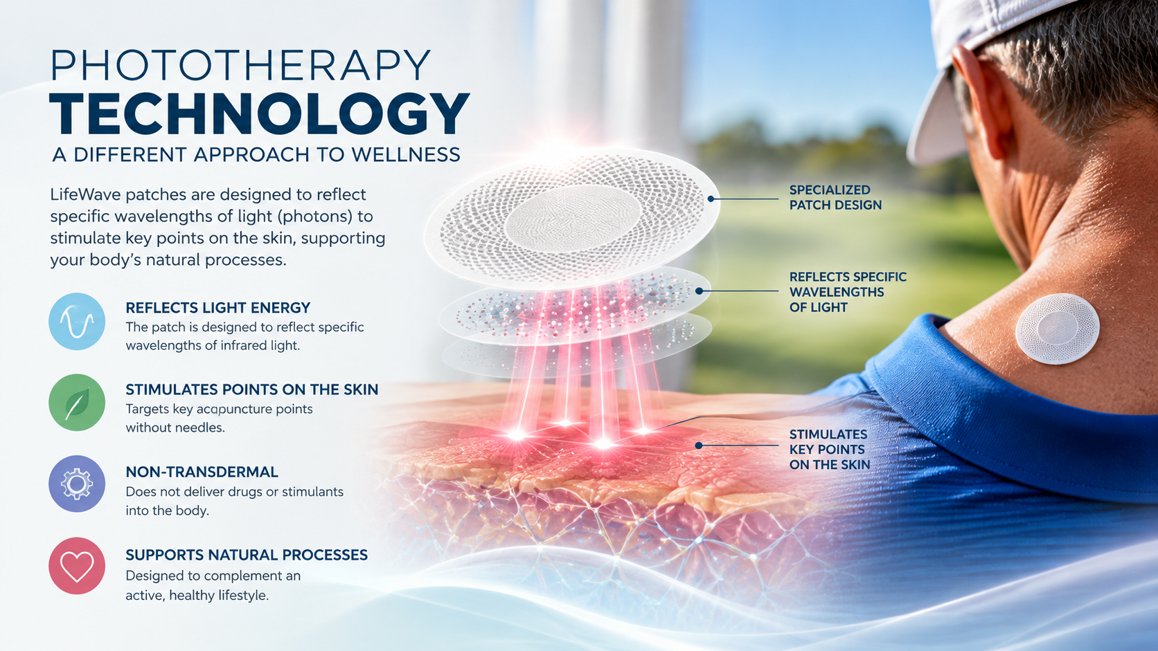 Official LifeWave phototherapy technology illustration showing patch design, reflected light wavelengths, and application on the skin
