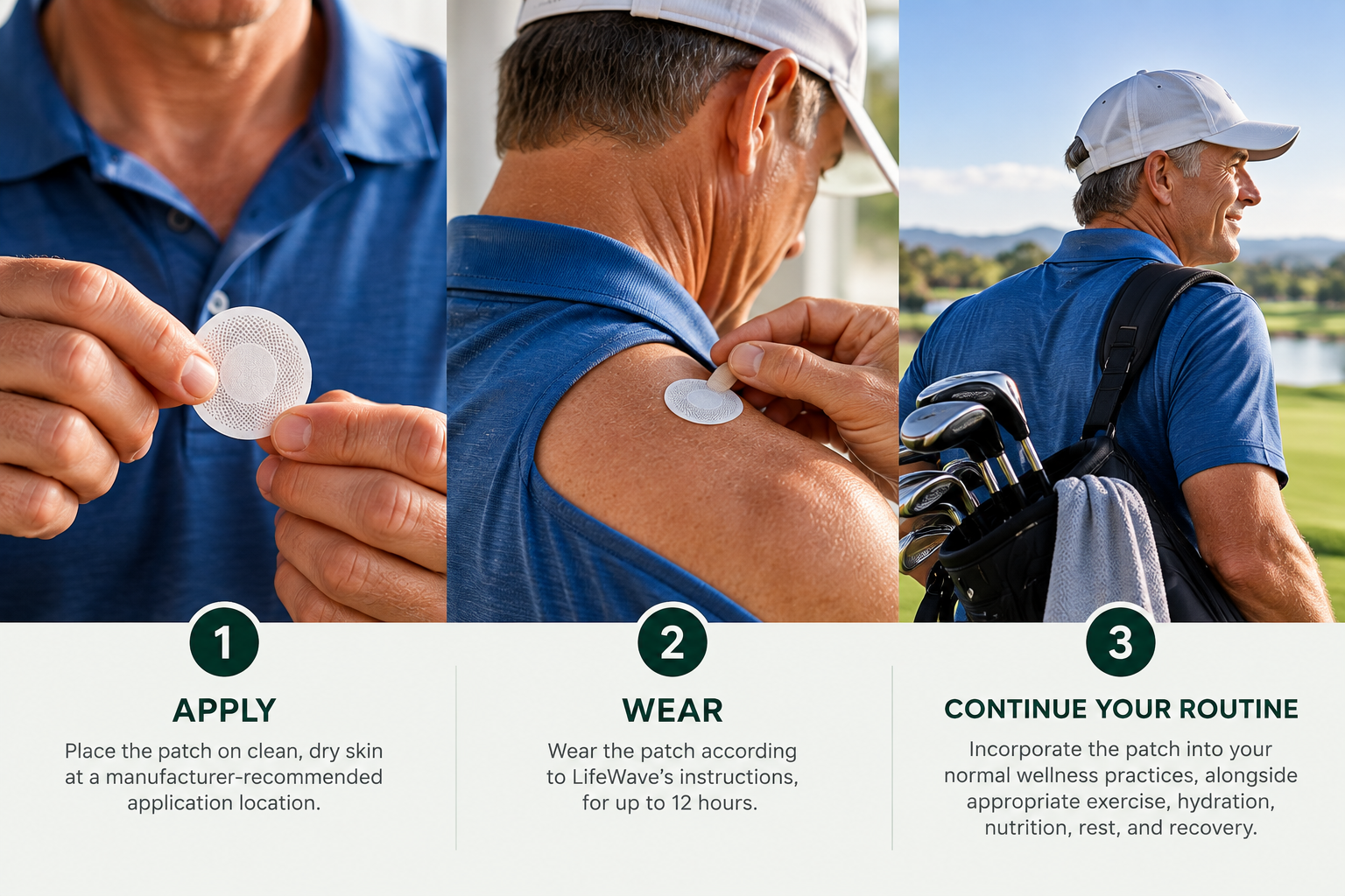 Official LifeWave patch application demonstration showing Apply, Wear, and Continue Your Routine on the golf course