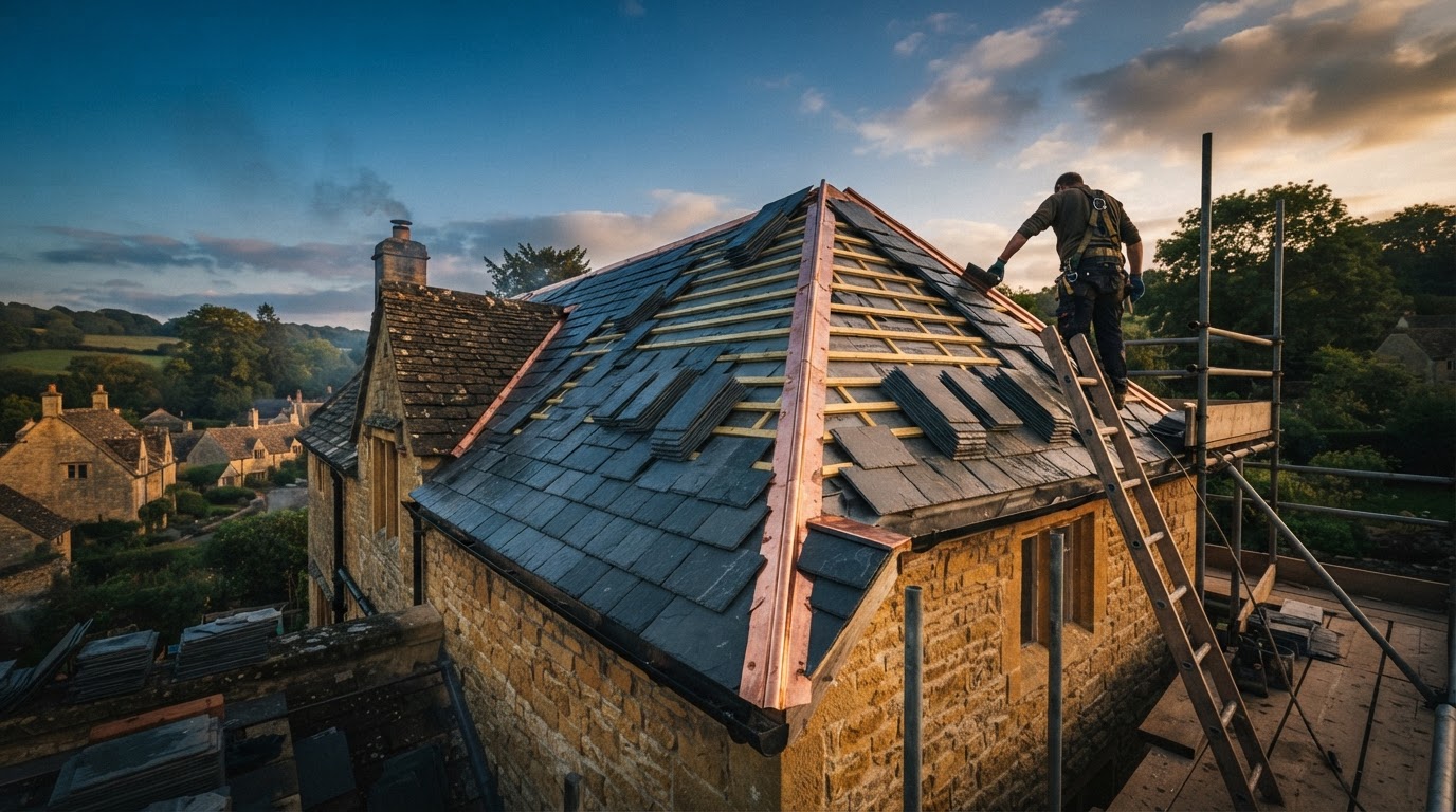CPR Roofing & Building re-laying a slate roof at golden hour