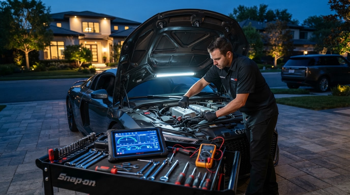 RevHaus technician diagnosing a vehicle under the hood on-site
