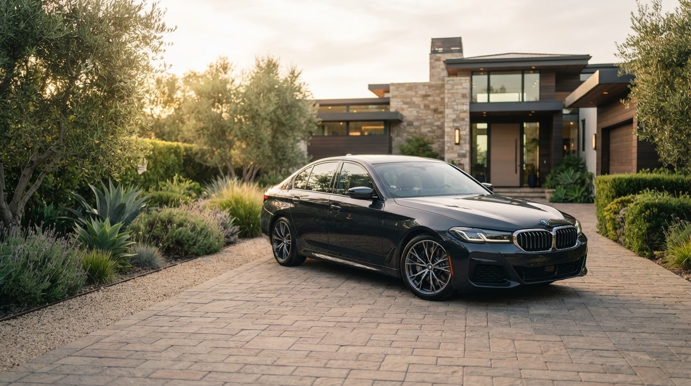Luxury BMW parked in a bright upscale residential driveway — RevHaus mobile service