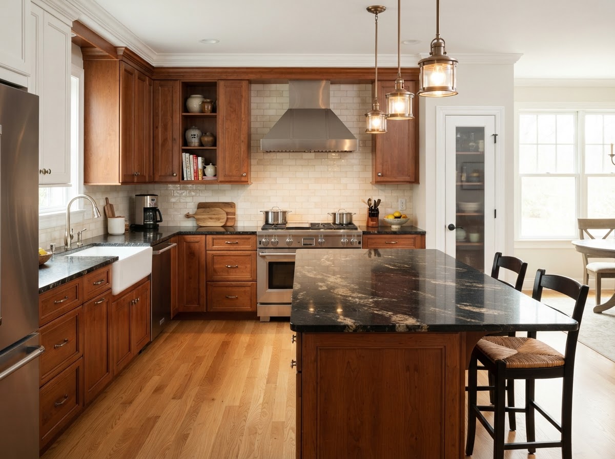 Installed kitchen with rich dark granite countertops and warm wood cabinetry
