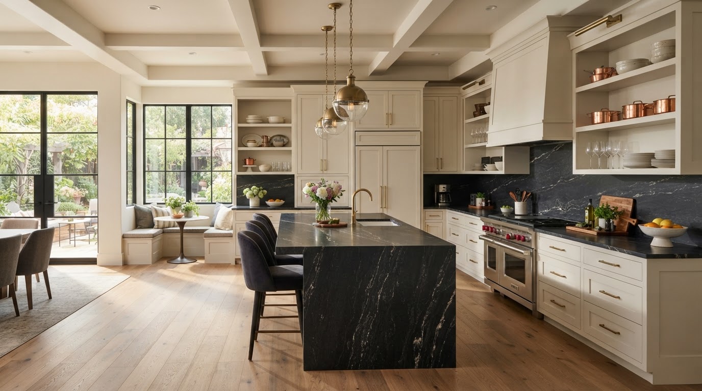 Modern kitchen with dark granite countertops and a central island in Paragould, AR
