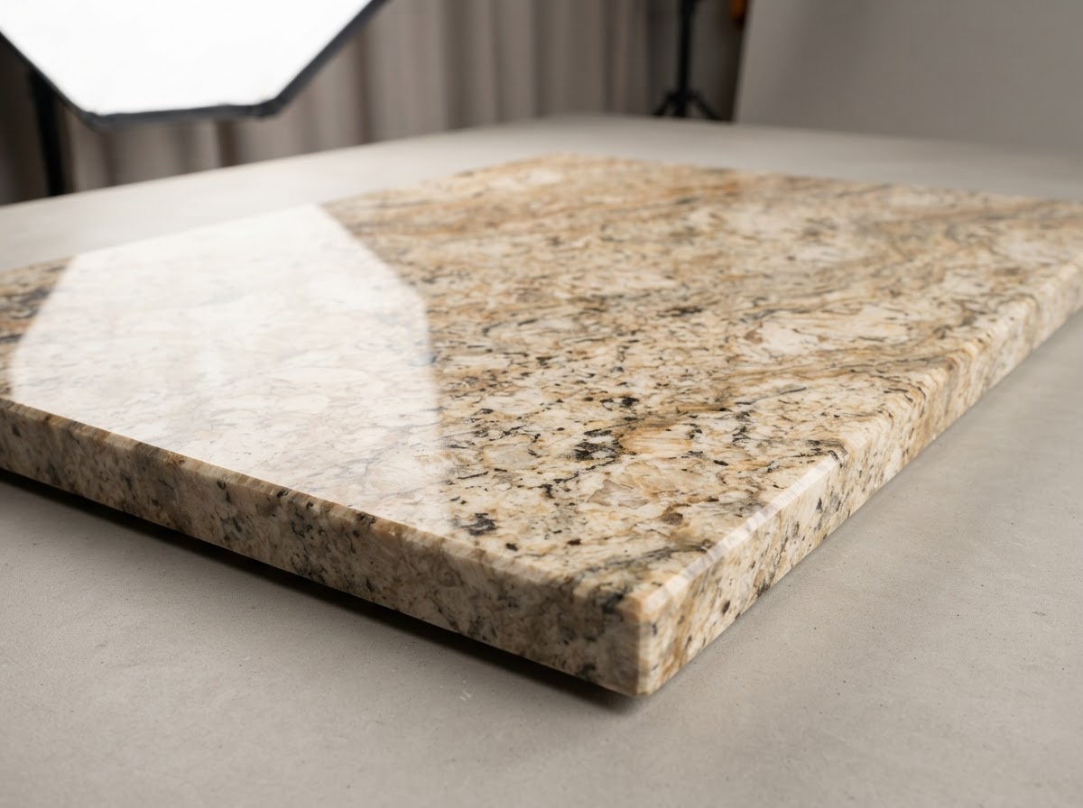 Detailed view of tan granite countertop surface with natural mineral speckling