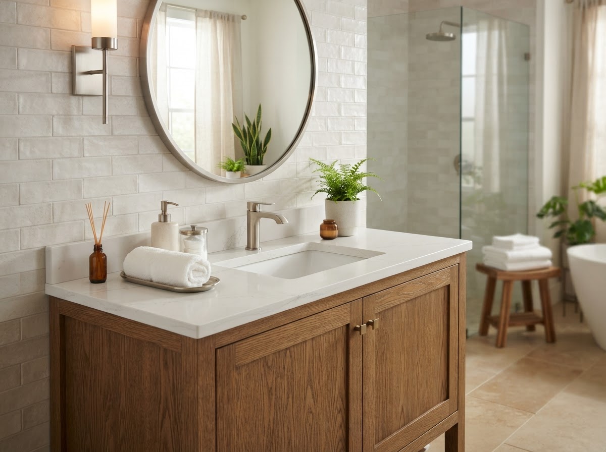 Bathroom vanity with white quartz countertop and integrated undermount sink