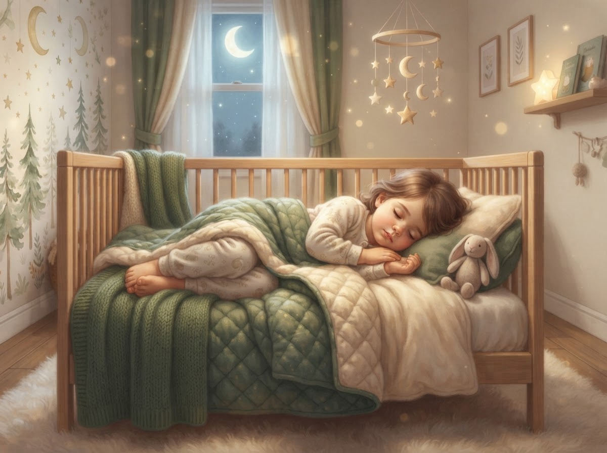 A peaceful sleeping child resting calmly under a soft moonlit glow.
