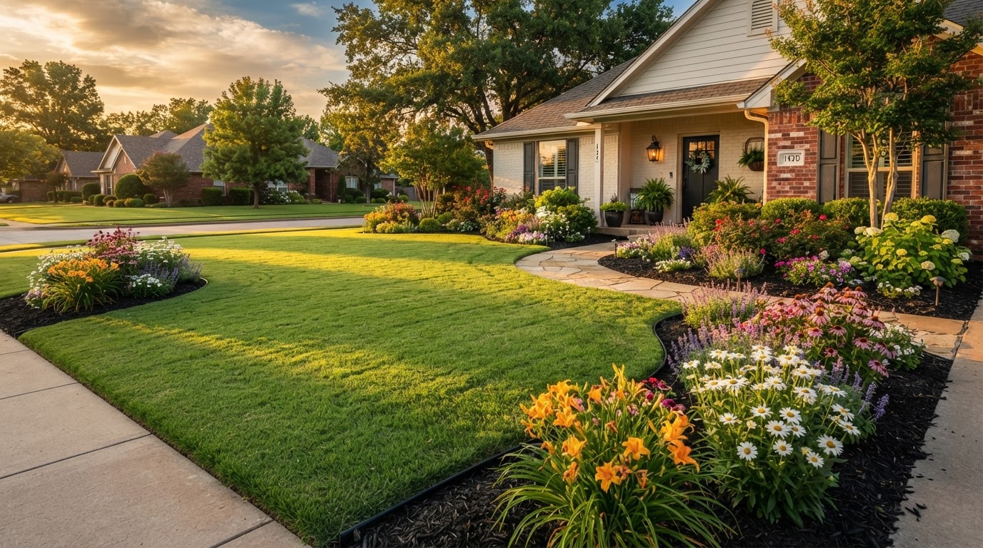 Beautifully manicured lawn and flower beds in Claremore Oklahoma at golden hour