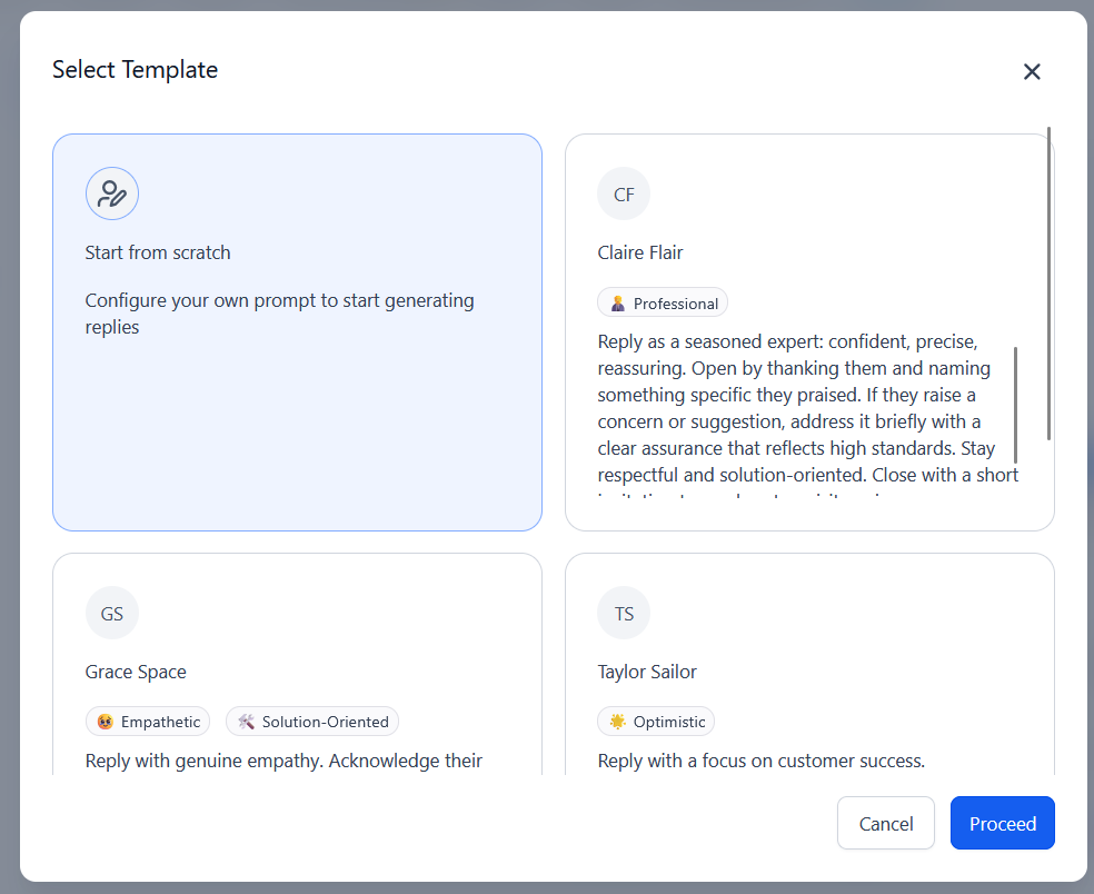 Template picker with Start from scratch and tone templates