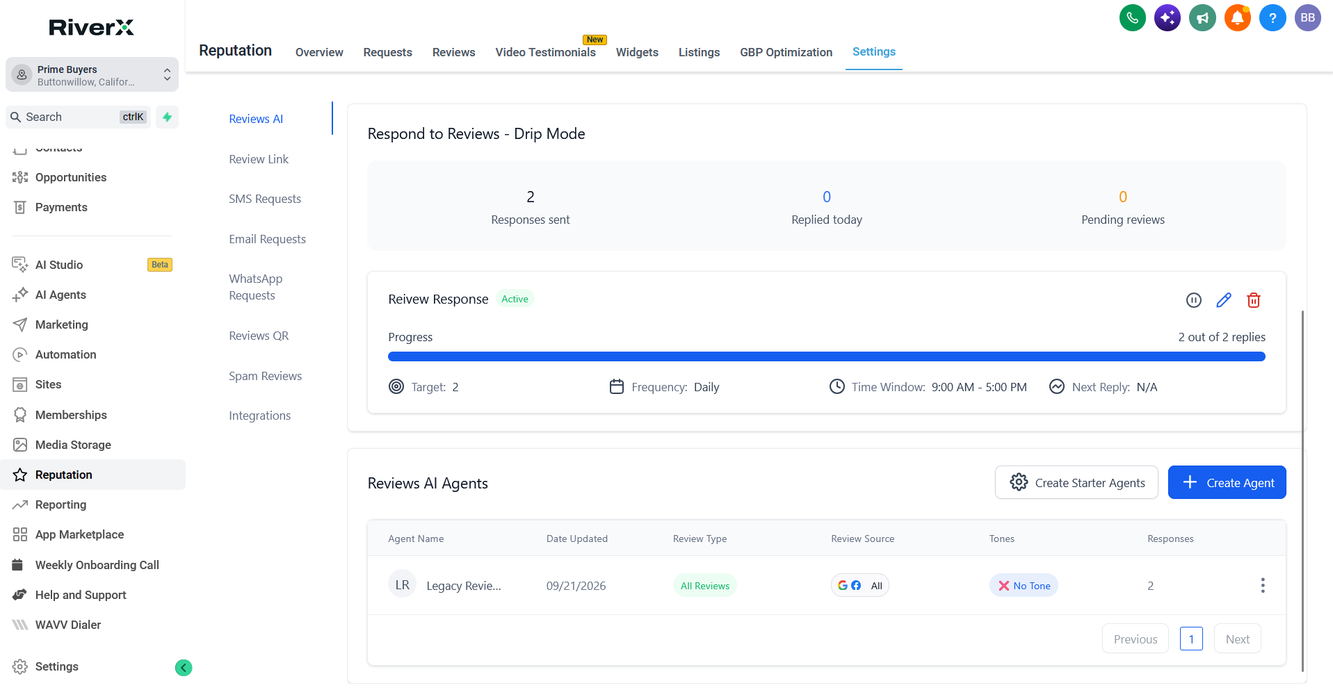 Reviews AI settings with Drip Mode progress and the list of reviews AI agents