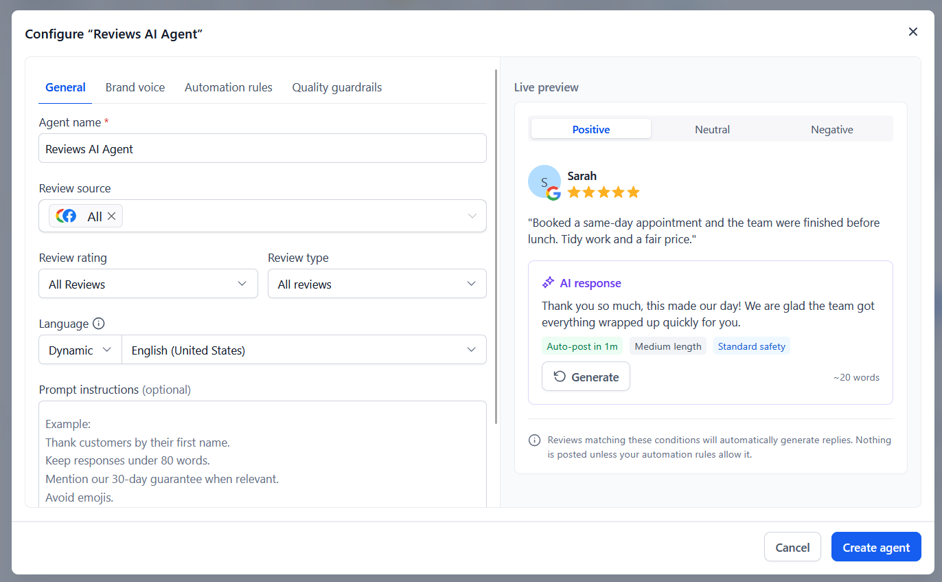 Configure Reviews AI Agent screen with review source, rating, language, prompt instructions, and a live preview