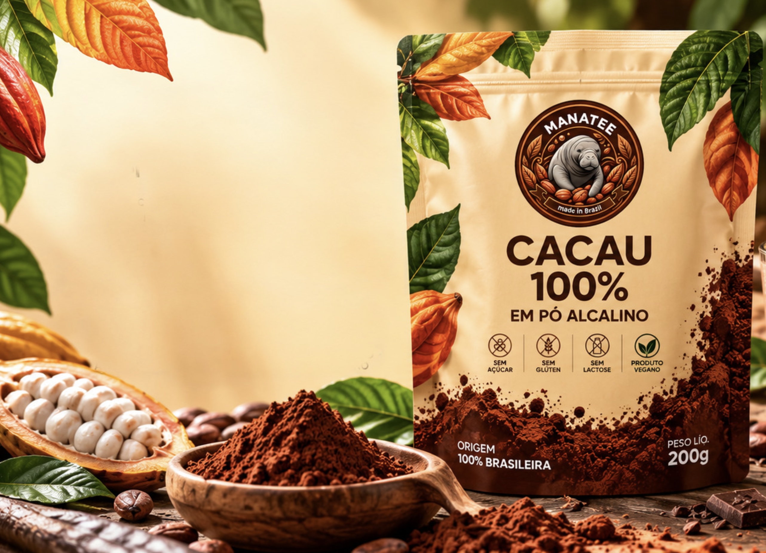 Manteiga desodorizada, nibs, Cacau em pó 100% alcalino.