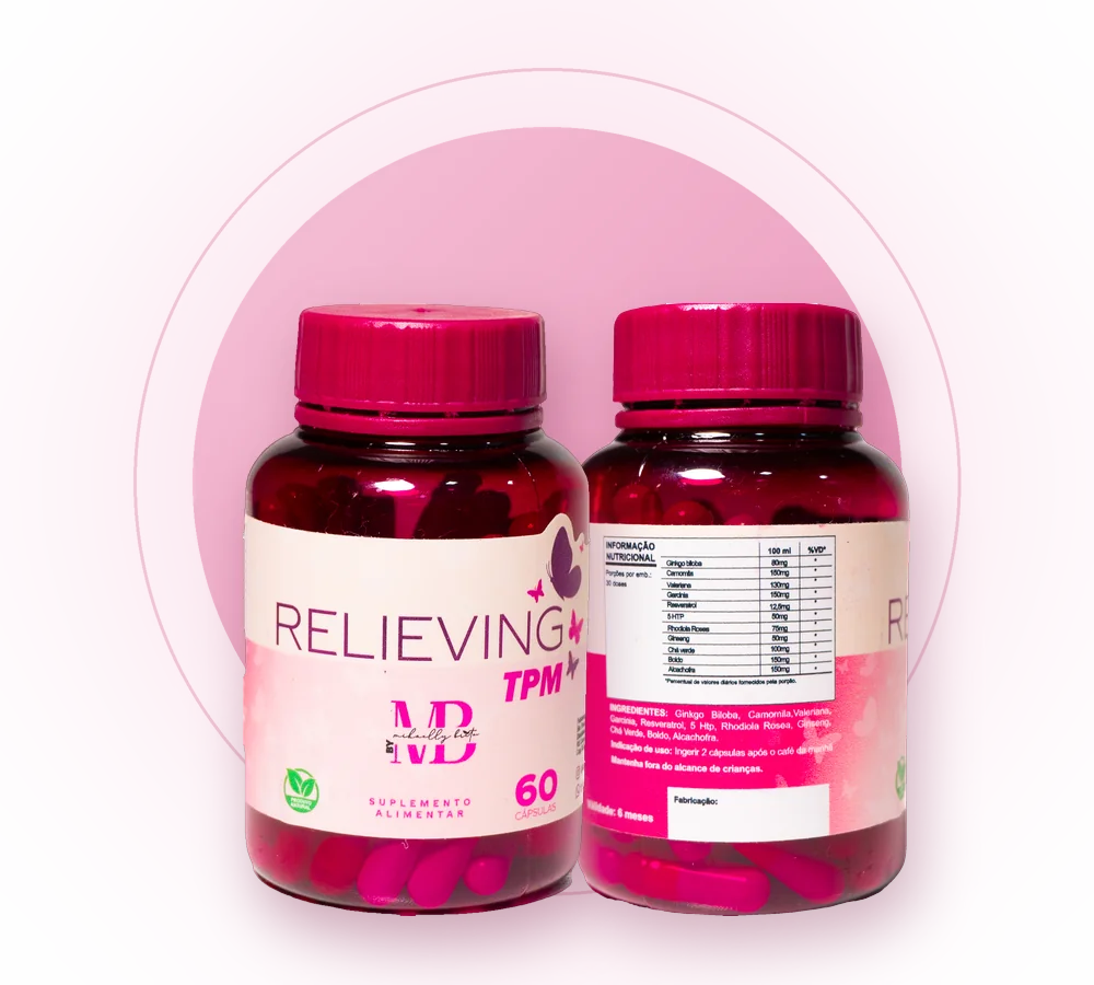 Frente e verso do frasco de Relieving TPM, com a tabela nutricional