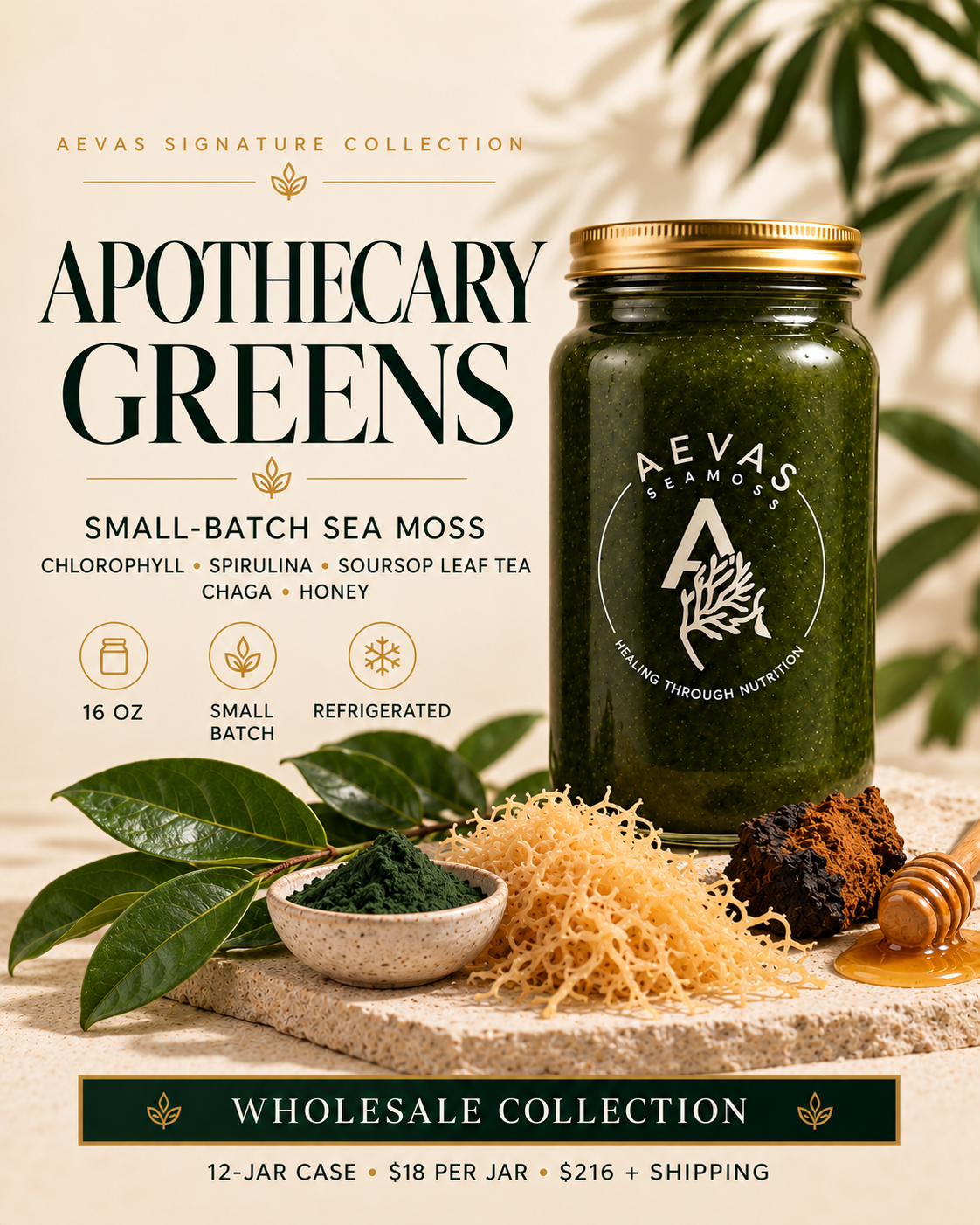 AEVAS Apothecary Greens Small-Batch Sea Moss Gel card — Chlorophyll, Spirulina, Soursop Leaf Tea, Chaga, Honey in a 16 oz jar