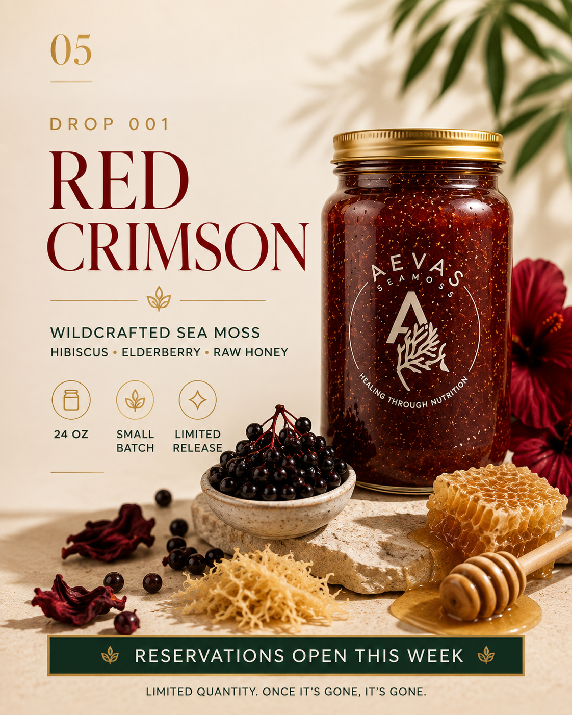 AEVAS Crimson Wildcrafted Sea Moss Gel card — Hibiscus, Elderberry, Raw Honey in a 16 oz jar