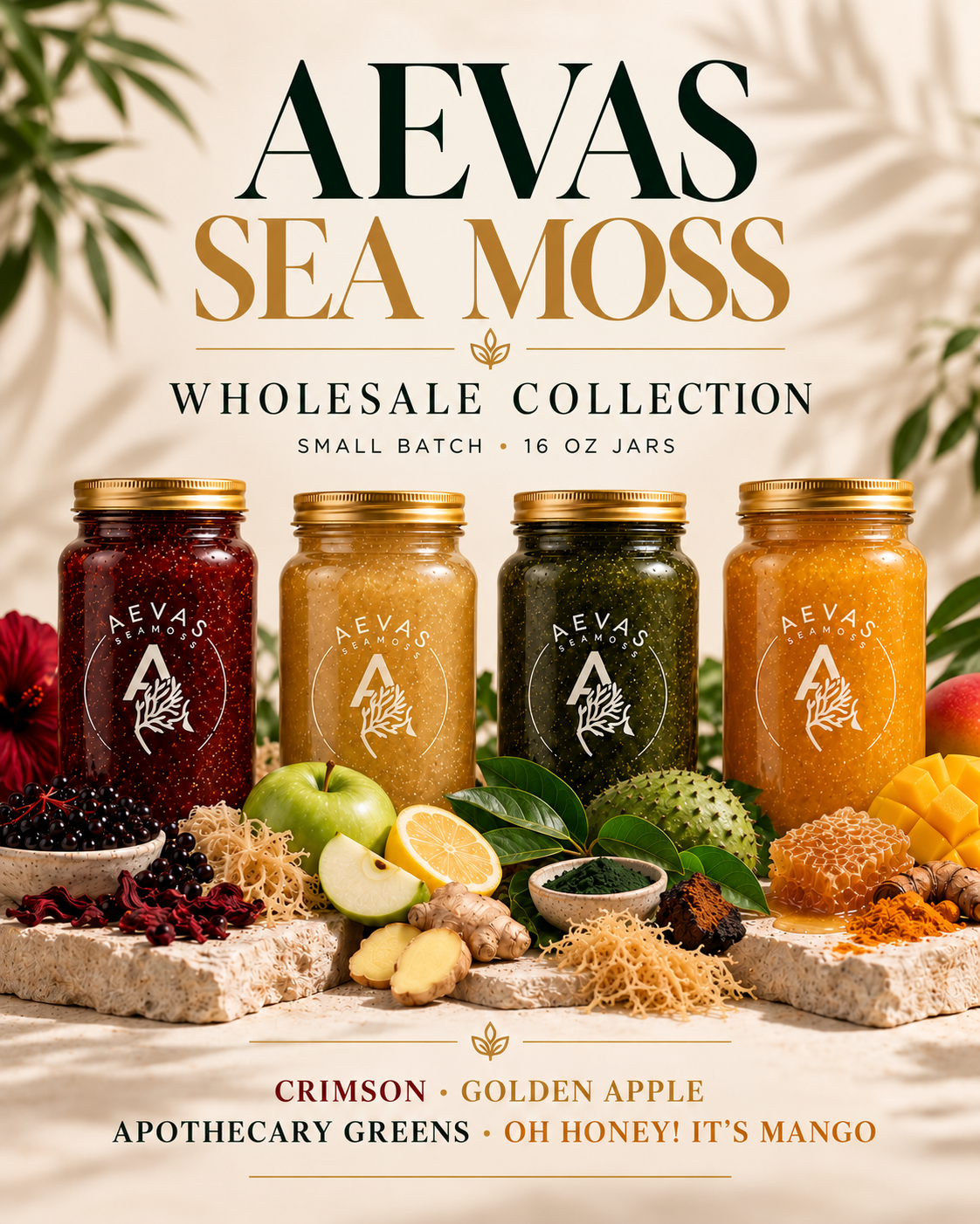 The AEVAS Sea Moss Wholesale Collection — Crimson, Golden Apple, Apothecary Greens, and Oh Honey! It's Mango