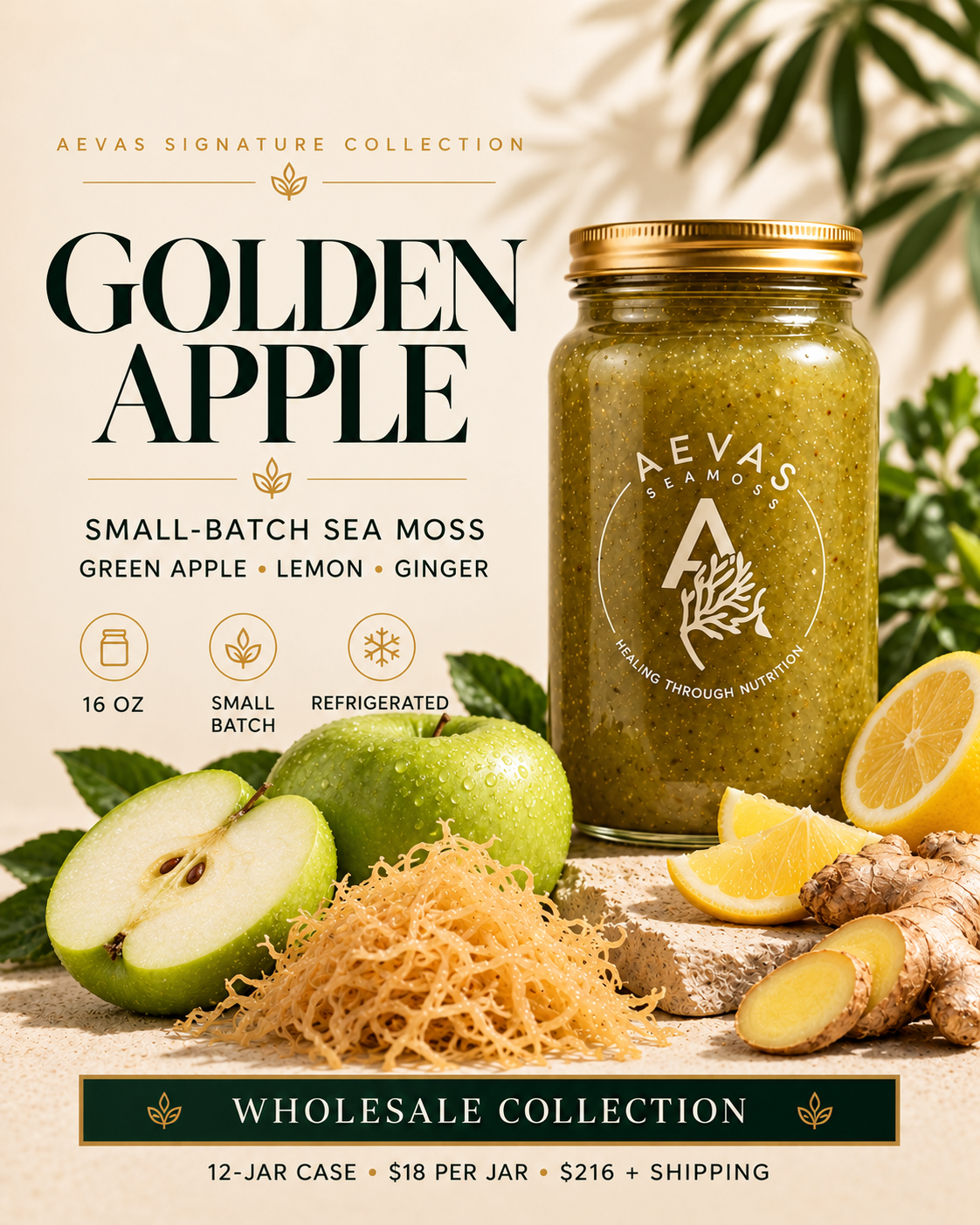 AEVAS Golden Apple Small-Batch Sea Moss Gel card — Green Apple, Lemon, Ginger in a 16 oz jar