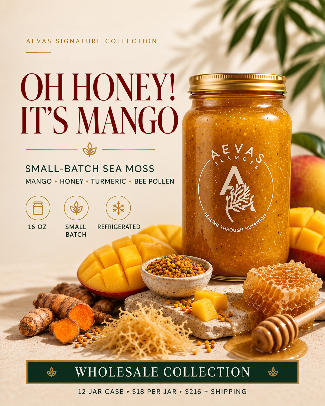 AEVAS Oh Honey! It’s Mango Small-Batch Sea Moss Gel card — Mango, Honey, Turmeric, Bee Pollen in a 16 oz jar