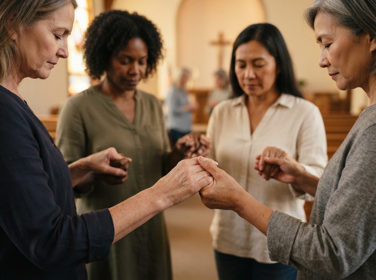 Circle of women holding hands together in reverent prayer, symbolizing the Women's Prayer Group